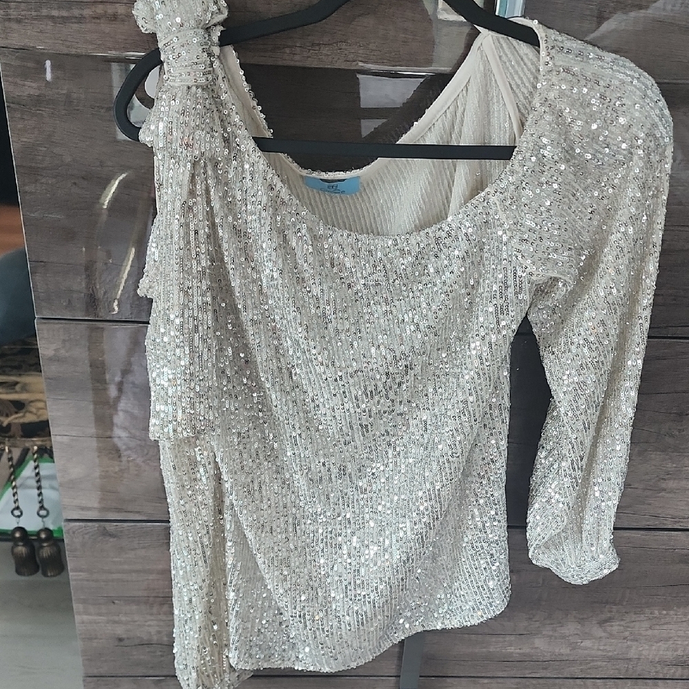 CeCe Silver Sequin Top